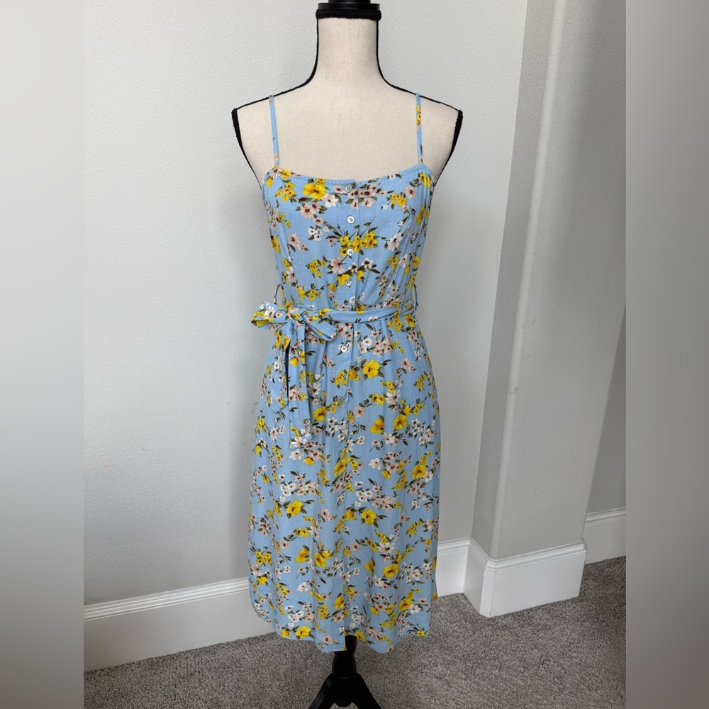 Forever 21 Light Blue Floral Button Down Midi Dress with Tie Waist
